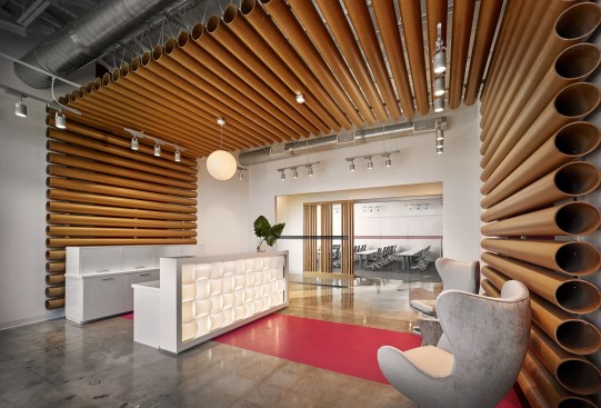 Fabric tubes used as design feature in reception. 