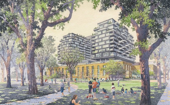 This development turns a former water treatment plant in downtown Toronto into a Food Hall where one stood in the 19th-century, a YMCA, retail mews, and 299 residential units. 