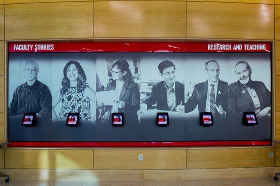 Faculty Stories
Accompanied by six iPads – one for each faculty member – this display shows a cross-section of Nebraska’s diverse and accomplished group of professors in research. The digital elements allow users to scroll through biographical information and academic publications. 
