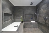 Bathing area, including all grab bar fixtures.