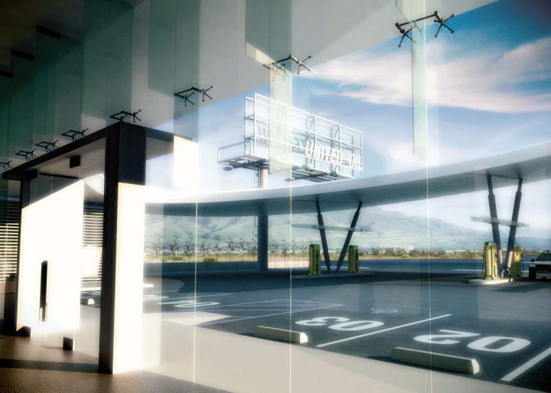 The new United Oil station manages to look futuristic while referencing optimistic postwar times of half a century ago.