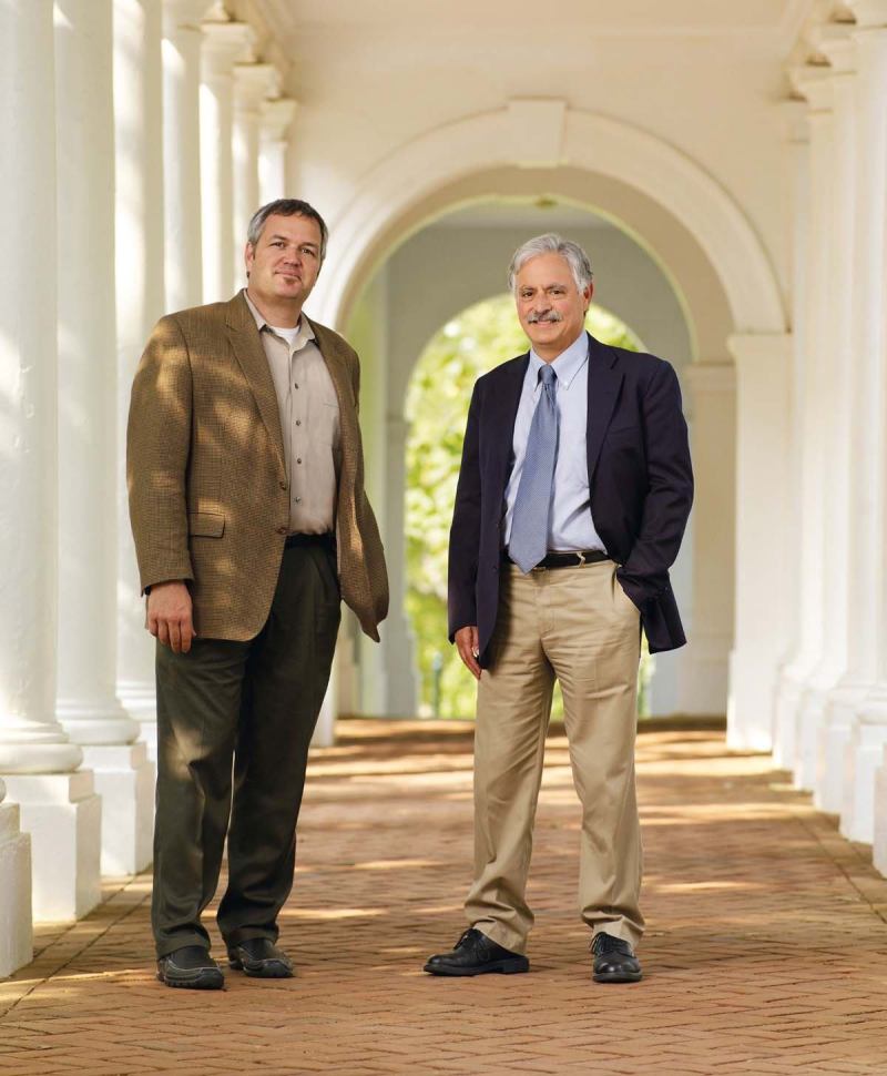 Pictured on the suitably neoclassical campus of the University of Virginia, faculty members Dean Abernathy (far left) of the School of Architecture and Bernard Frischer of the Department of Classics have helped create a digital model of the city of Rome in A.D. 320. Their collaborator on the project is University of California, Los Angeles, classicist Diane Favro, who is currently abroad.