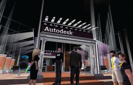 The entrance to Autodesk island beckons on Second Life. You-or, rather, your avatar-can collect information on Autodesk products (via billboards such as the one above center) and use Autodesk's meeting spaces to engage in realtime discussions on design trends. Autodesk's Second Life island has been open since May, and some architects have begun to use the space to meet with clients.