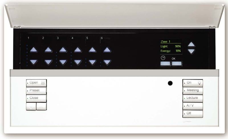 GRAFIK Eye QS controlsLutronwww.lutron.com

Preset system operates lights and shades - Backlit buttons and large information display - Energy savings indicator - Built-in time clock - Direct connection to occupancy sensor - Can dim lights to specific preset levels - Connection to shades and A/V devices without an interface - Selectable number of shade zones 39 colors and finishes