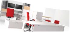 A freestanding wall designed to help small companies in leased offices configure multifunctional workspaces when needed, Turnstone's Group + Community (at top left and far right) offers storage and tech-support elements. The product, created by design director Kirt Martin, is part of the next phase in the manufacturer's Tour line, which was launched at NeoCon in 2007.