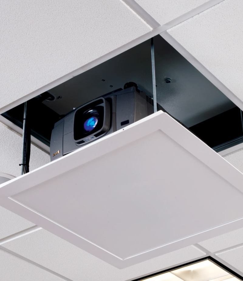 Micro Projector Lift

Draper

www.erinc.com

Compact, side-folding, scissor-style lift - UL listed - Can be installed in an existing 2'-by-2' ceiling opening - Closed height of lifting unit is 5" tall (not including projector, mounting mechanism, or closure) - Weighs 35 pounds - Projector's display position can be set at any point with infinite adjustability, up to 48" extension