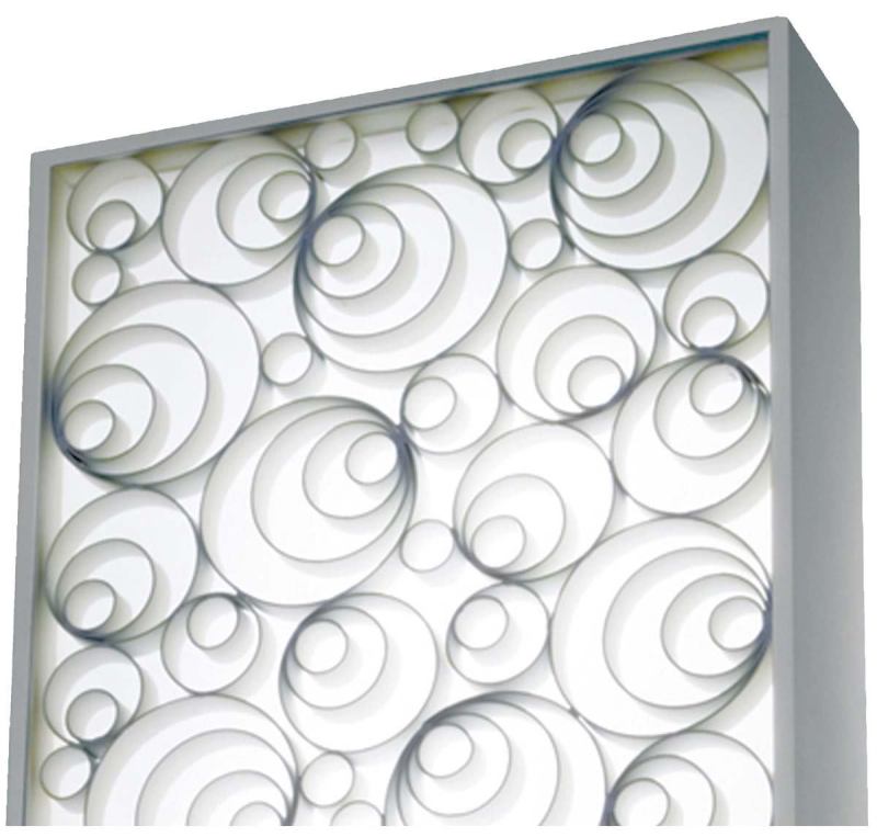 Catacaos SconceBoyd Lightingwww.boydlighting.com

Fixture measures 16.5 by 10 inches and projects 4 inches from the wall - Decorative grille and frame in matte white with a white acrylic front diff user - UL listed for damp locations - Takes fluorescent lamps - ADA compliant at any mounting height - Can be mounted horizontally or vertically