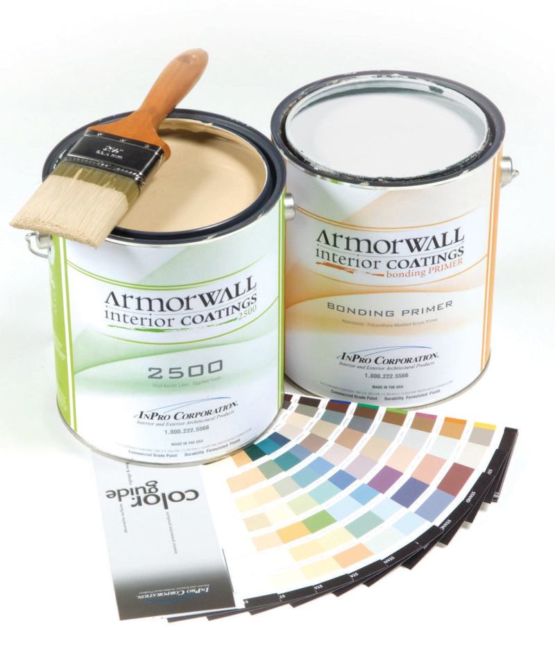 Armorwall

InPro Corp.

inprocorp.com

Highly durable water-based acrylic interior coating - Maintains brightness and sheen after more than 2,500 scrubs, as tested by ASTM-D2486 - Eggshell finish - Brush, roll, spray application - Low VOC - Available in 100 standard colors - One gallon covers 350 to 400 square feet