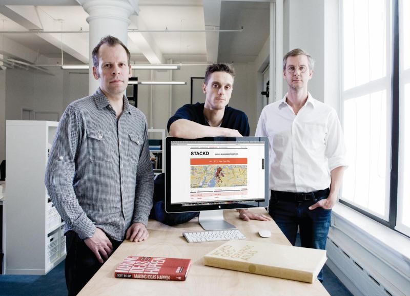Supermetric partners (from left to right) Olaf Kreitz, Marco Raab, and Sidney Blank designed the Stackd website with the idea that strangers would connect, then move offline for true interaction. "People sitting and talking together is still really important," Raab says. "It's experiential."
