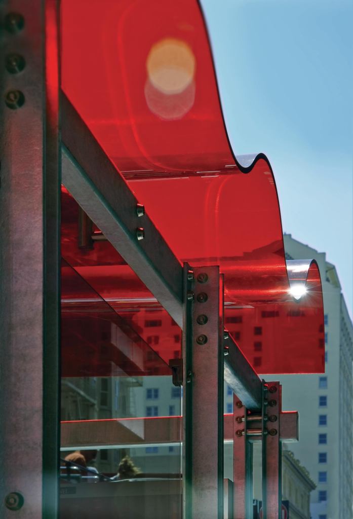 Made from 40% pre-consumer polycarbonate, KodaXT from 3form is designed for exterior applications and has 100 times the impact resistance of glass and 60 times that of acrylic. It is part of 3forms C3 Collection, which has more than 10,000 color options; large-scale projects can be formulated with specialty colors. Its shape can be molded and it can be specified as a complete material assembly with custom hardware specifications and structural analysis. According to 3form, KodaXT is the only architectural polycarbonate material available to use toward LEED MR 4.1 and 4.2 for recycled content. It was first speced for 1,100 new San Francisco transit canopies. 3-form.com
