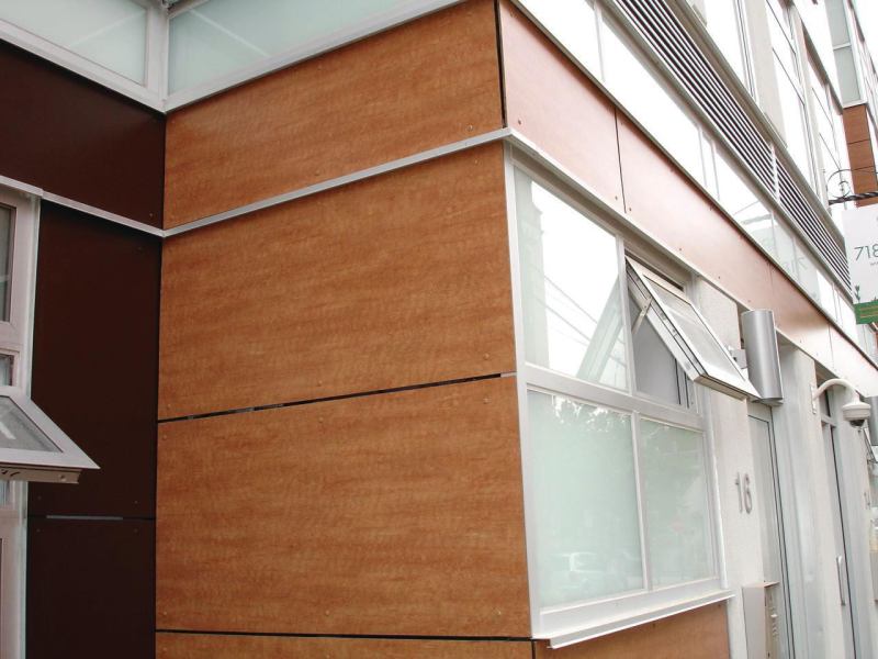 Abet Laminatis Exterior Building Panels are applied using an open-joint rainscreen and are available in thicknesses from 6mm to 10mm. The exterior compact grade laminate panels are manufactured as a one-piece construction in which layers of kraft paper are impregnated with thermosetting phenolic resins bonded under heat and high pressure. They are graffiti proof and vandal- and fire-resistant, will not delaminate, and are suited for high-abuse areas. The panels are available in 41 standard colors and patterns, and digitally printed custom patterns or images can be set on the face. abetlaminati.com