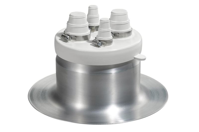 Each QuadFlash boot from OMG Roofing Products accommodates up to four rooftop pipe penetrations ranging from 3/8" to 2" in diameter. The QuadFlash uses flexible EPDM rubber caps that move with building vibrations or shifting pipes, as opposed to rigid pitch pockets that can crack under similar strain. The spun aluminum base features dual Lok and Grip beads around the collar for a secure hold on the cap. • olyfast.com