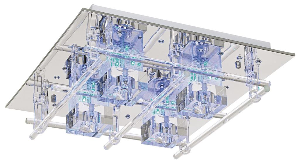 The LED Light Show ceiling light from Lamps Plus Possini Euro Design allows users to create their own lighting display via a handheld remote control. Multicolored LED bulbs in the fixture can be illuminated statically or made to cycle through color-changing sequences. A frame of white LEDs along the perimeter of the fixture provides a lower level of accent lighting, and four clear halogen bulbs in clear acrylic cubes give off general room illumination. The halogens and LEDs can be illuminated at the same time. The fixture comes with a chrome backplate and glass rod accents. lampsplus.com