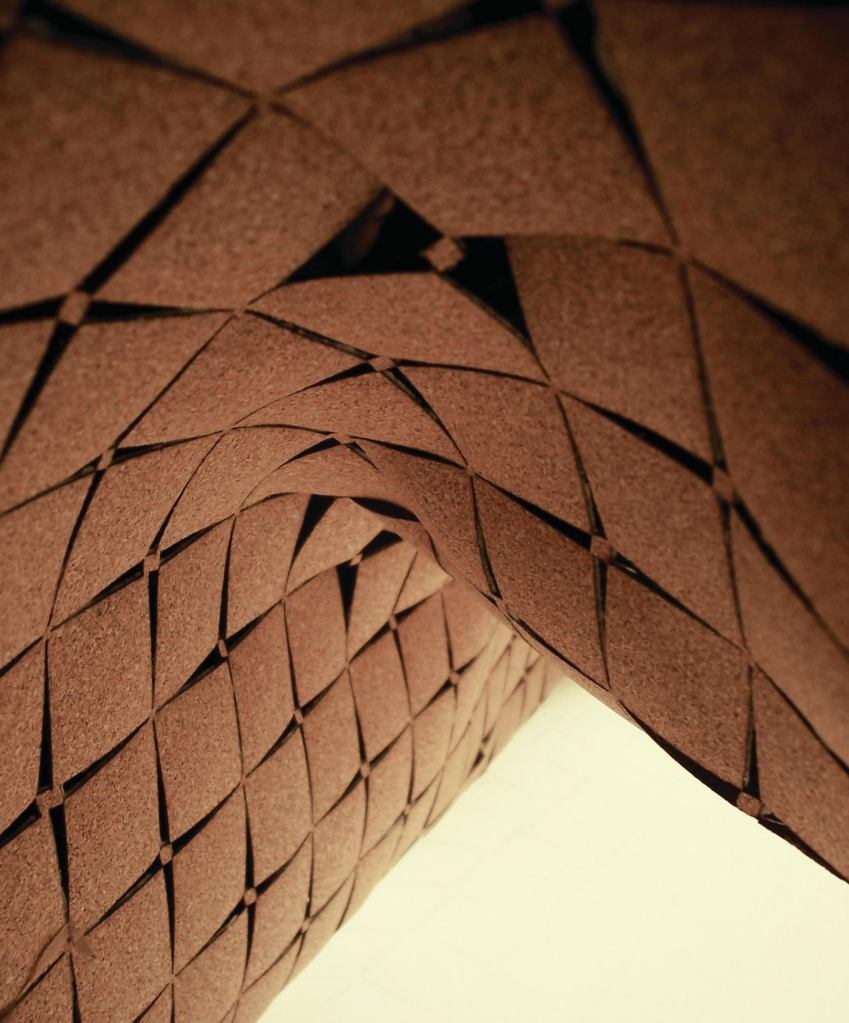 Laser-cut cork surfaces, created by London-based designer Yemi Awosile, are made from the byproduct of wine cork production. Available in raw cork composite grain, glossy black, or a selection of metallic finishes, the product is suited for interior applications such as wall panels and room dividers. The surface features acoustic and thermal insulating properties naturally found in cork. ¢ yemiawosile.co.uk