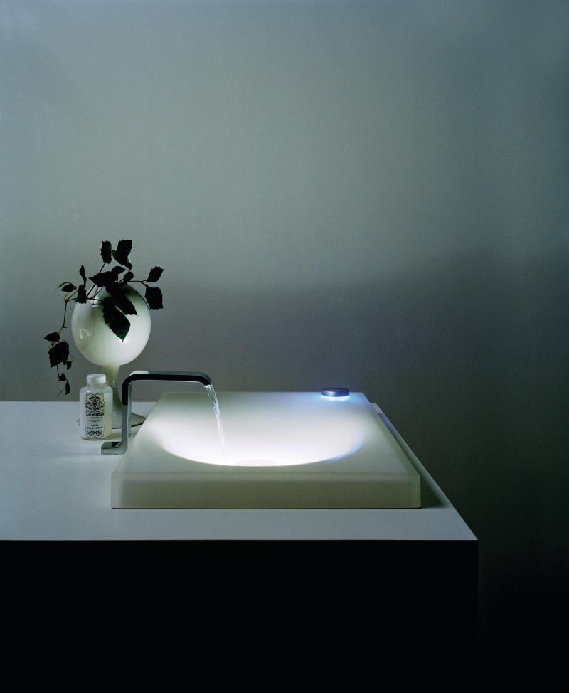 Toto USA has introduced the Neorest II High-Efficiency Faucet. The contoured, jointless design includes an embedded LED fixture, the color of which ranges from red when the water is at its hottest to blue when at its coolest. Water temperature is controlled by Toto's SMA Thermoplastic Mixing Valve to prevent sudden changes. The faucet can be used with the Neorest II Vessel Sink (pictured). ¥ totousa.com