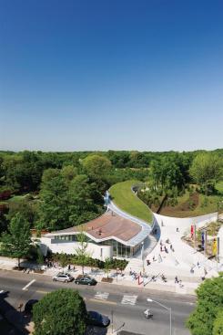 Although the roof plane of the visitor center is composed of two different materials to distinguish the pavilions on the urban and garden edges of the site, the surfaces are united by a theme: ?We have two green roofs,? Marion Weiss says. ?One is copper [which will oxidize] ? and the other is planted.?