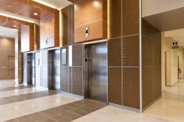 LEVELe Wall System with Capture panels; insets in Bonded Bronze with Natural Patina and Kalahari pattern; LightPlane panels in ViviChrome Chromis glass with White interlayer and Standard finish at Princeton Medical Arts Pavilion, Plainsboro, New Jersey