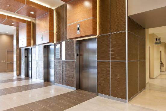 LEVELe Wall System with Capture panels; insets in Bonded Bronze with Natural Patina and Kalahari pattern; LightPlane panels in ViviChrome Chromis glass with White interlayer and Standard finish at Princeton Medical Arts Pavilion, Plainsboro, New Jersey