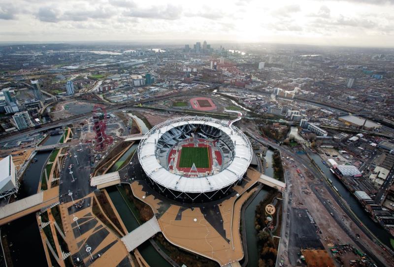 Aerial view of Populous's Olympic Stadium in London.