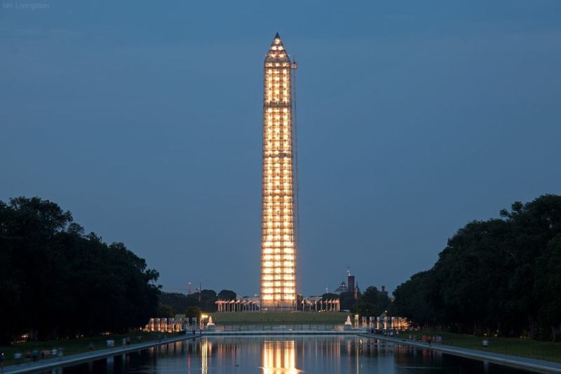 The lighted scrim on the Washington Monument.