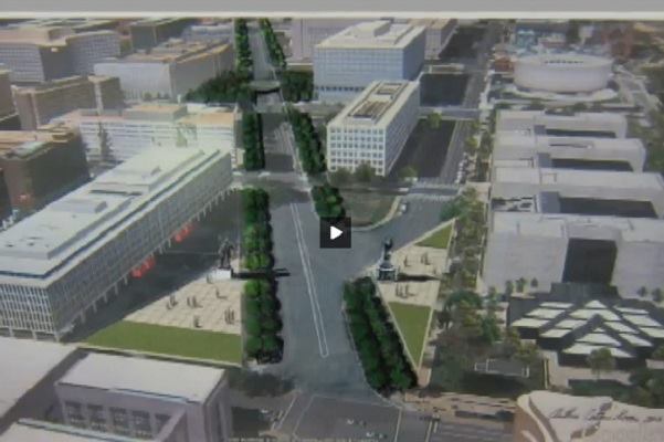 A screenshot of Arthur Cotton Moore's own design for the Dwight D. Eisenhower Memorial, which he presented during his testimony before the House&nbsp;Subcommittee on Public Lands and Environmental Regulation. The rendering shows heroic statues of President Eisenhower and Supreme Allied Commander Eisenhower flanking Maryland Ave. SW.