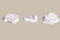 Two truths and a design: The Henry Bacon–designed Lincoln Memorial (left); the&nbsp;Andr&eacute;s Duany–designed Eisenhower Memorial (center); the John Russell Pope–designed Jefferson Memorial.