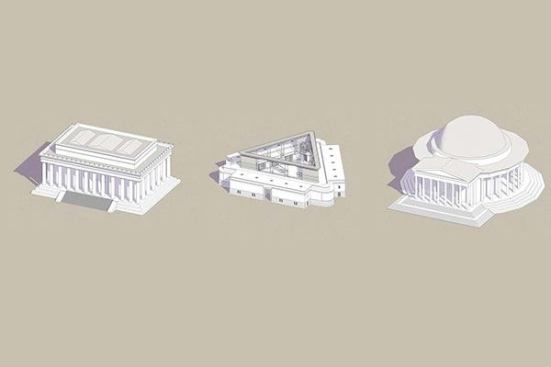 Two truths and a design: The Henry Bacon–designed Lincoln Memorial (left); the&nbsp;Andr&eacute;s Duany–designed Eisenhower Memorial (center); the John Russell Pope–designed Jefferson Memorial.
