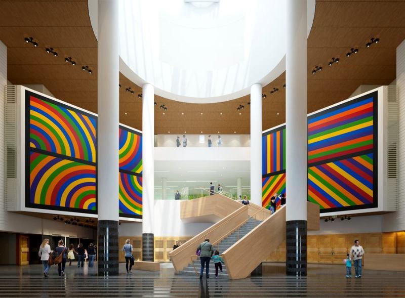 SFMOMA's new Sn&oslash;hetta-designed stair from the Third Street entrance, with previous atrium art installation by Sol LeWitt.