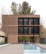 Iowa's rural corncribs inspired this simple glass box shaded with wood slats. A long gallery connects the guesthouse to the main house and echoes its linear circulation spine.