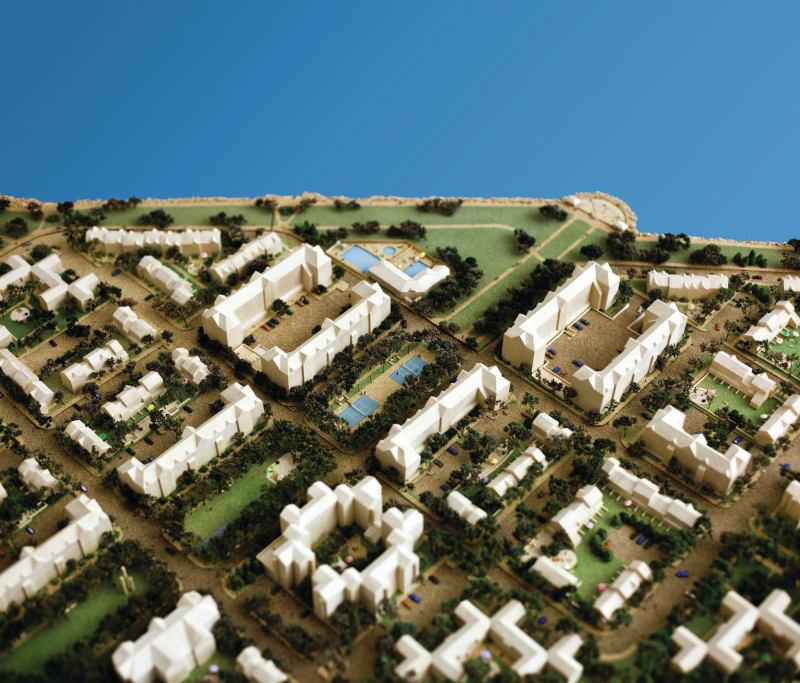 A model of Harbor Point, a mixed-income community in Boston that was transformed from public housing in the early 1980s by a developer named Joe Corcoran and the architecture firm Goody, Clancy & Associates.