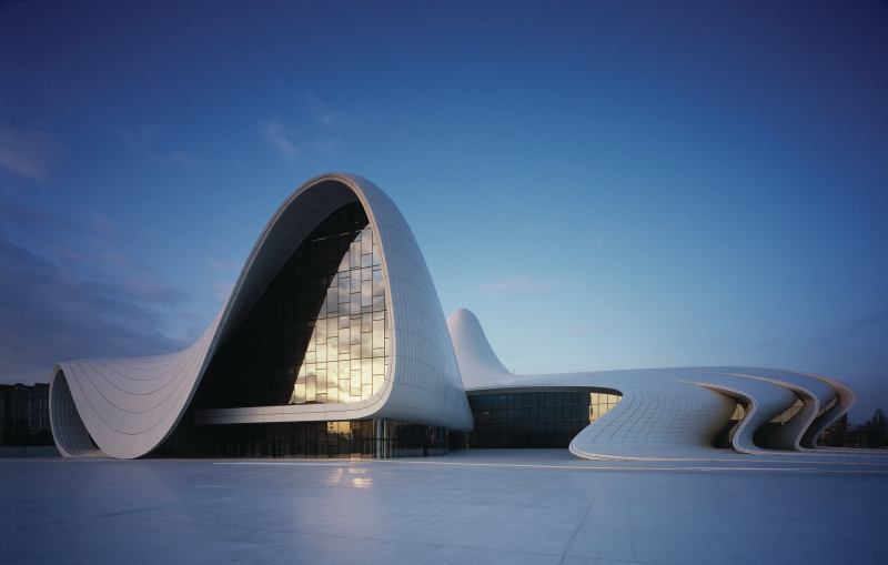 The GFRP-clad exterior of the Heydar Aliyev Cultural Center hides a complex space frame structure.