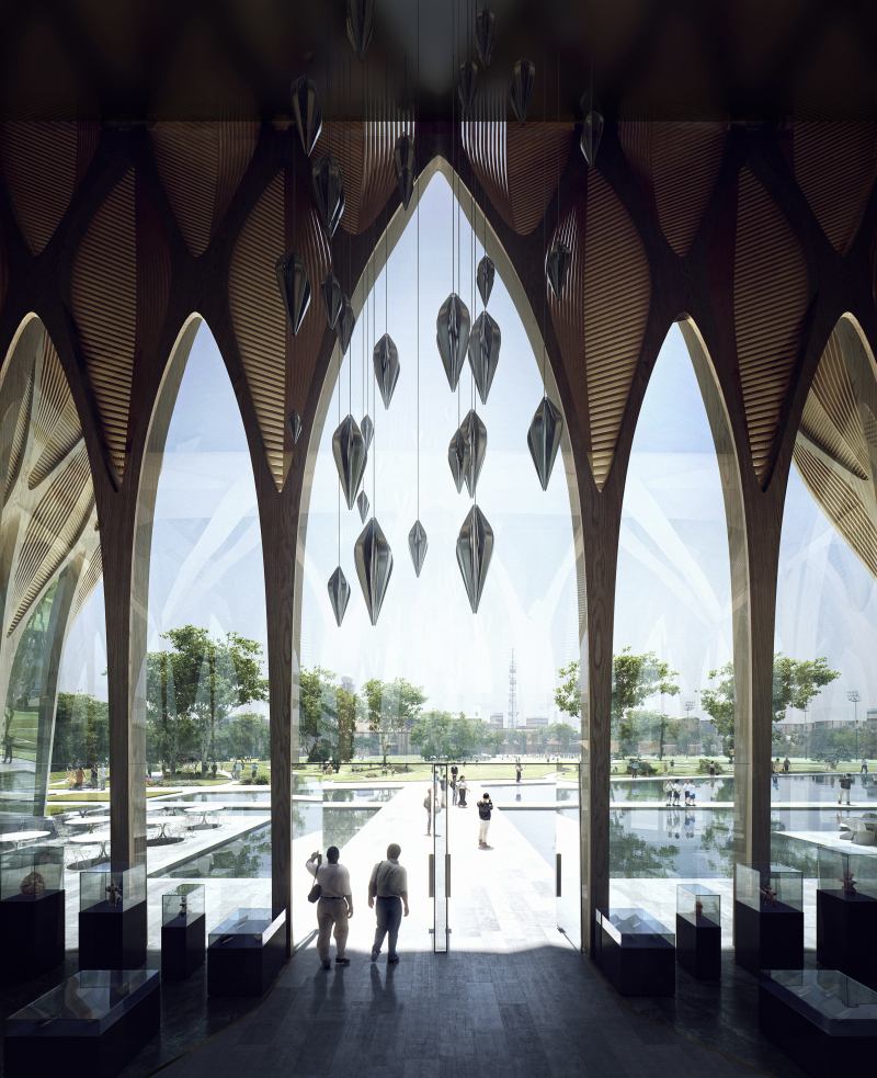 The foyer of the Institute looks out over retention pools that surround the five buildings.