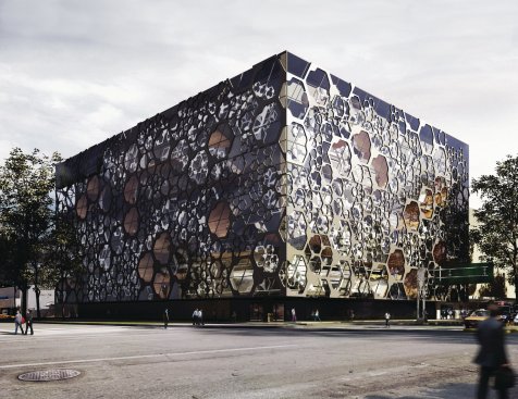 View of the hexagonal façade from the southeast.