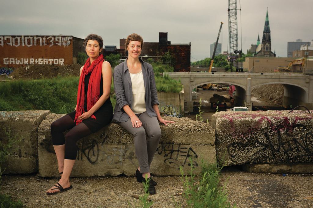 María Arquero de Alarcón (left) and Jen Maigret near the site of their speculative project that proposes to connect Detroit’s Eastern Market to the Dequindre Cut, an abandoned railway that’s being turned into a public greenway.