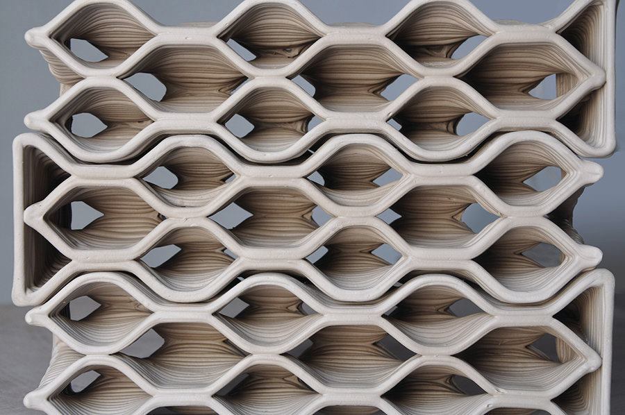 DesignLabWorkshop developed each brick geometry by first scripting a wall and then subdividing that wall in Grasshopper into modules, which became the bricks. When the wall profile changes, the shape of the individual bricks automatically updates.