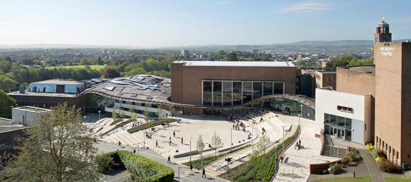 The Forum’s freeflowing gridshell mirrors 
the rolling hills around the University of Exeter. The designers used 
European oak to create the effect of a wooded canopy and capped the roof
 in copper, which will oxidize, form a green patina over time, and allow
 the building to age in harmony with its surroundings.