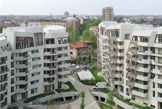 The residences by Studio Daniel Libeskind are sited around a courtyard; gaps between the buildings offer glimpses of the surrounding context.