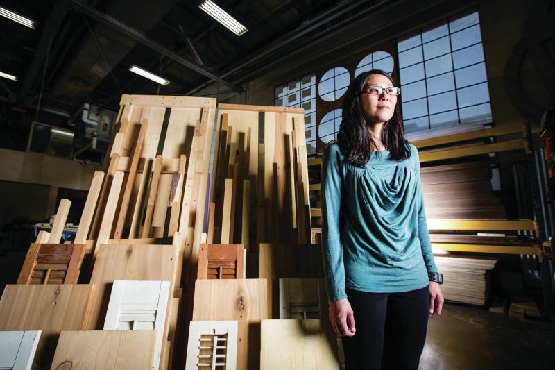 Joyce Hwang in front of Habitat Wall, a project under construction as a home for birds and bats.