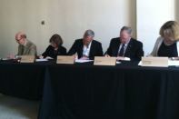 Robert Ivy, FAIA, CEO of the American Institute of Architects; Nancy Somerville, executive vice president and CEO of the American Society of Landscape Architects; Randy Fiser, executive vice president of the American Society of Interior Designers; Tom Phoenix, president-elect of ASHRAE, and Gayle Berens, senior vice president of the Urban Land Institute sign a joint industry statement on resilience at the National Building Museum in Washington, D.C. on May 13, 2014.