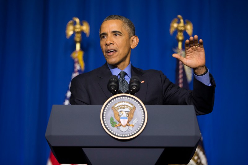U.S. President Barack Obama speaks at the Organization for Economic Cooperation and Development Centre, in Paris, about the COP21 climate change summit.&nbsp;