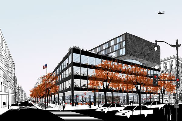 An early rendering of a three-story addition design, released in May of 2014.
