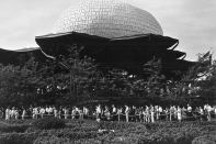 IBM pavilion at the  New York World's Fair, 1964. IBM logo and graphic identity designed by Paul Rand.