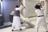 Still from a video that ISIS produced and distributed, showing its destruction of artifacts in a Mosul, Iraq,&nbsp;museum.
