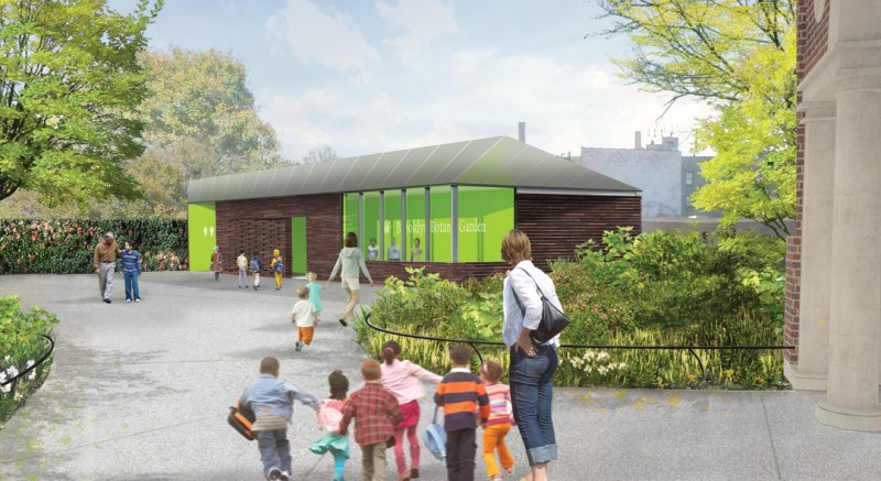 The new entrance pavilion designed by Architecture Research Office at the sound end of the Brooklyn Botanic Gardens.