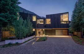 Blackbird House exterior at dusk.