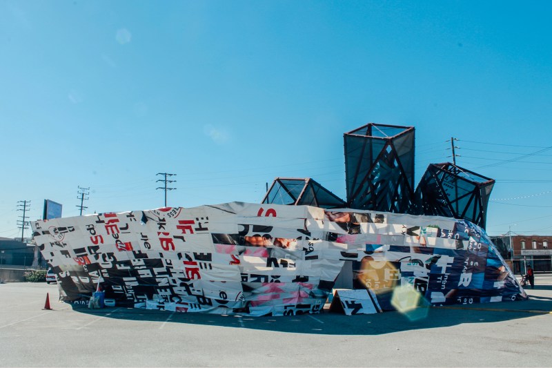 The&nbsp;Hopscotch&nbsp;Central Hub pavilion in the parking lot of the&nbsp;Southern California Institute of Architecture.