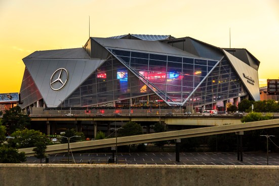 View of the stadium exterior at sunset on Aug. 24.