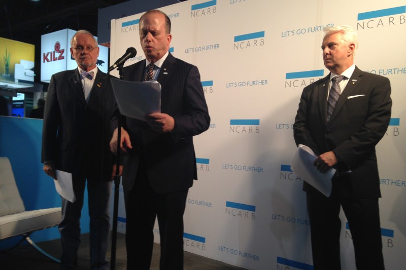 Left to right: NCARB president Dale McKinney, CEO Mike Armstrong, and first vice president and president-elect Dennis Ward at the press event held on Thursday at the AIA Convention.