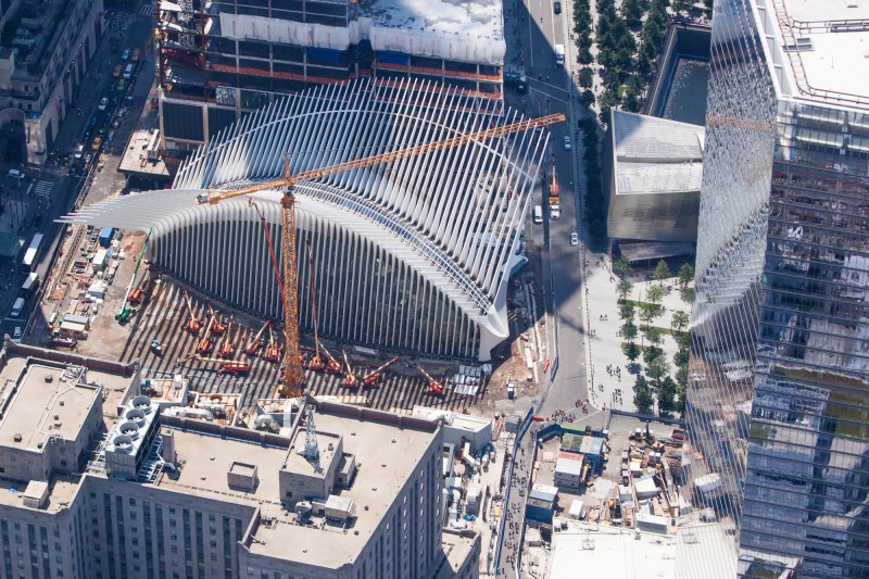 Santiago Calatrava, Hon. FAIA's World Trade Center Transportation Hub, in Manhattan, under construction in August 2015.