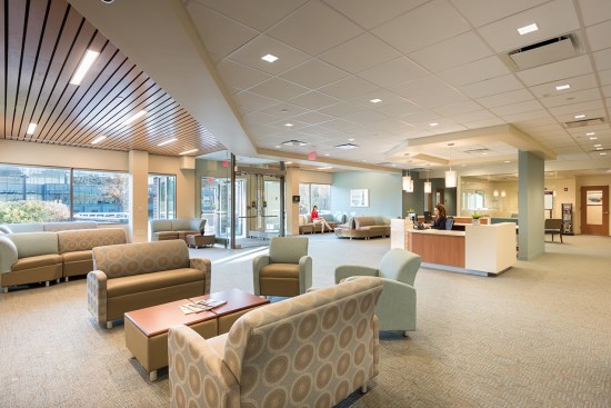 The main waiting/reception area serves as the gateway to the medical practices. 